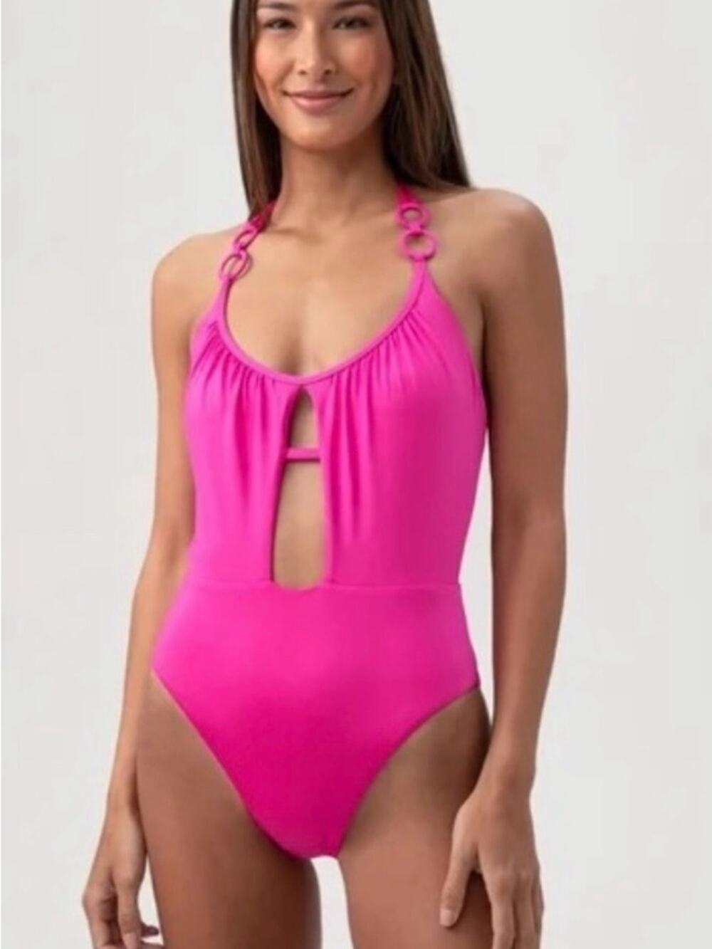 NEW Trina Turk Hot Pink Fushia Halter Sexy One-Piece Swimsuit Ring Detail Sz 10 - Picture 1 of 3